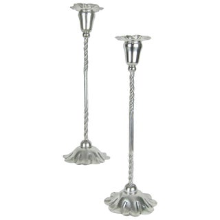 Marie Zimmermann Tall Arts and Crafts Silver Candle Holder Pair, Circa 1915 For Sale