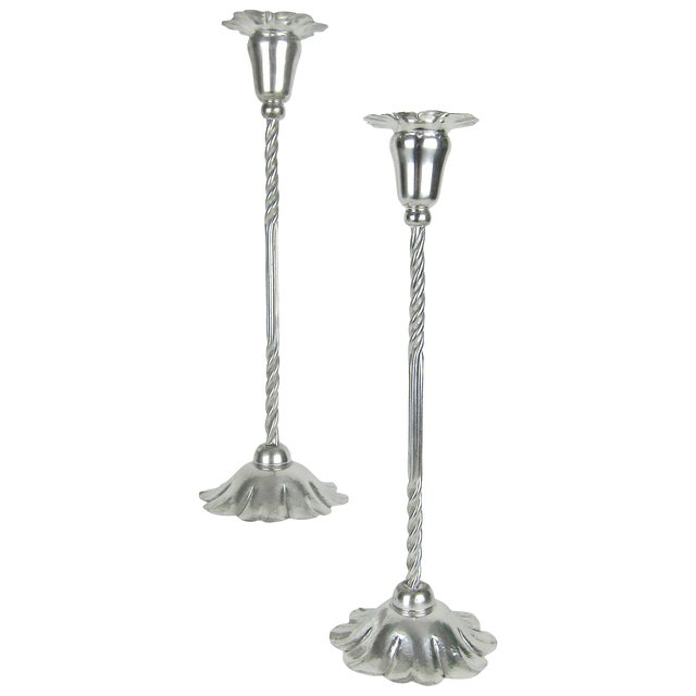 Marie Zimmermann Tall Arts and Crafts Silver Candle Holder Pair, Circa 1915 For Sale