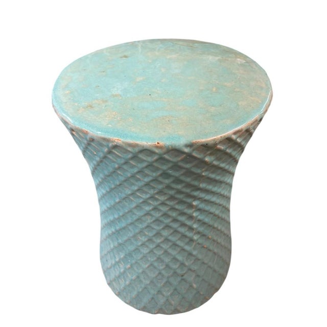 Coastal Vintage Turquoise Glazed Ceramic Quilted Lattice Garden Stool & Accent Table For Sale - Image 3 of 12
