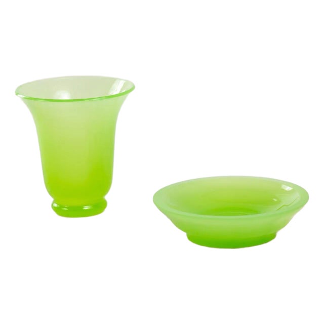 Opaline Lime Green Glass Vase and Dish, France 1920s For Sale