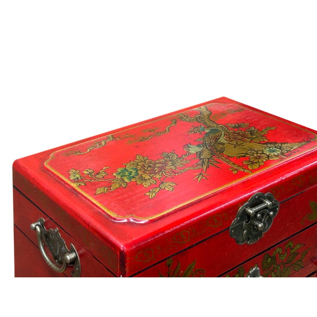 Chinese Oriental Red Flower Birds Mirror Rectangular Jewelry Box For Sale - Image 10 of 14