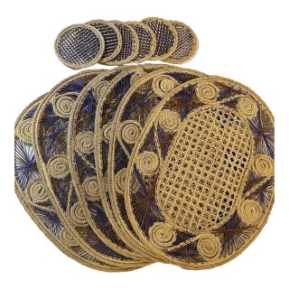 Vintage Handwoven Straw Placemats & Coasters Set of 6 Boho Raffia 12 Piece For Sale
