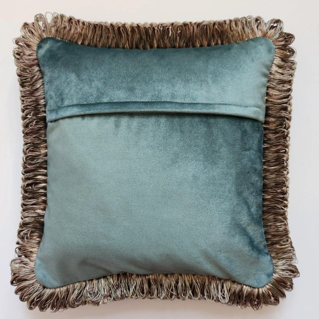 Indian Indian Chinoiserie Velvet Pillow With Fringe - the Sultan Ride in Turquoise For Sale - Image 3 of 6