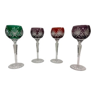Vintage Hungarian Ajka Crystal Cut-to-Clear Multi-Color Wine Goblets - Set of 4 For Sale