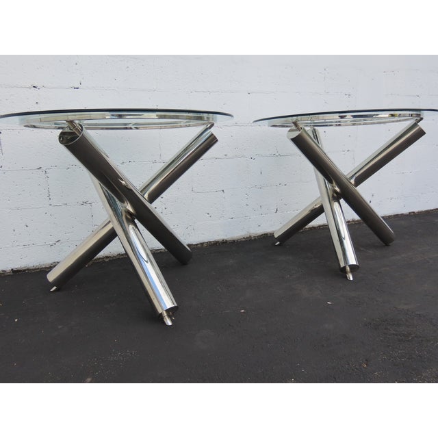 Late 20th Century Milo Baughman Style Chrome Glass Top Jax Tables a Pair 6571 For Sale - Image 5 of 18