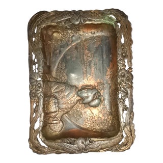 Antique Japanese Mixed Metal Geisha Plaque – Pierced Ornate Wall Tray – 7×5" For Sale