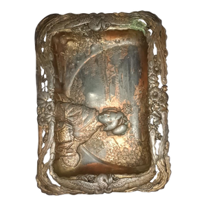 Antique Japanese Mixed Metal Geisha Plaque – Pierced Ornate Wall Tray – 7×5"