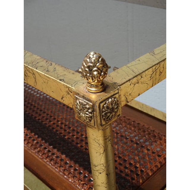 Vintage Hollywood Regency Gold Console Table Sofa Table W Cane Shelf For Sale - Image 9 of 16