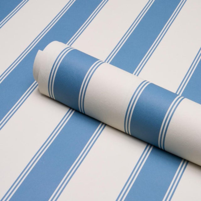 Schumacher Sample - Schumacher Rafe Stripe Wallcovering In Azure For Sale - Image 4 of 6