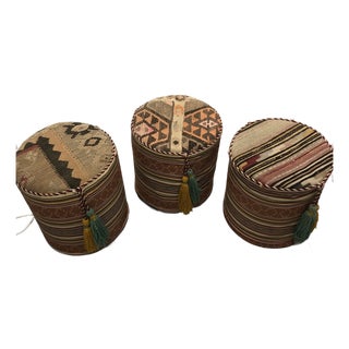 Orange & Brown Kilim Round Poufs/Ottomans With Tassels - Set of 3 For Sale