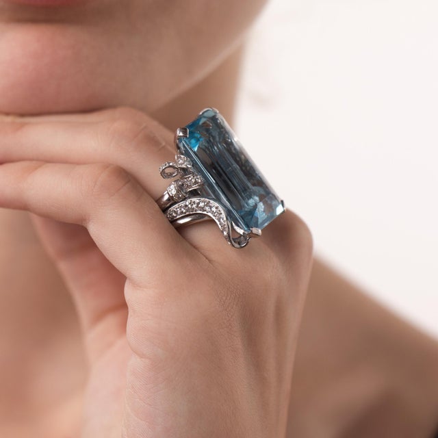 1950s Nadja Buckley Mid Century 51.50 Carat Aquamarine Diamond Platinum Cocktail Ring, Size 5 For Sale - Image 5 of 6