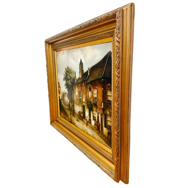 Large Scale Mid-Century Dutch Street Scene Oil on Canvas Painting After Willem Koekkoek For Sale - Image 9 of 11