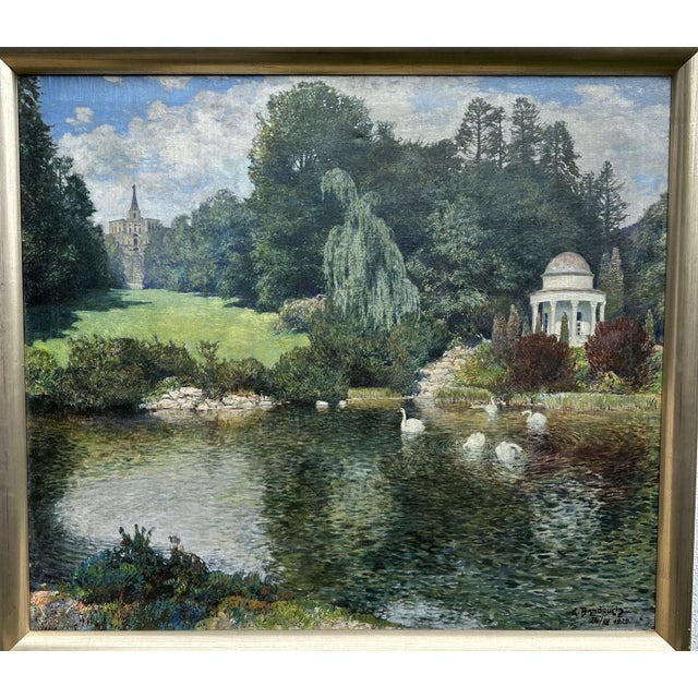 Karl Banďouch, Kassel – Wilhelmshöhe, Hercules Temple with Swans, 1929, Oil Painting on Canvas, Framed For Sale - Image 11 of 13