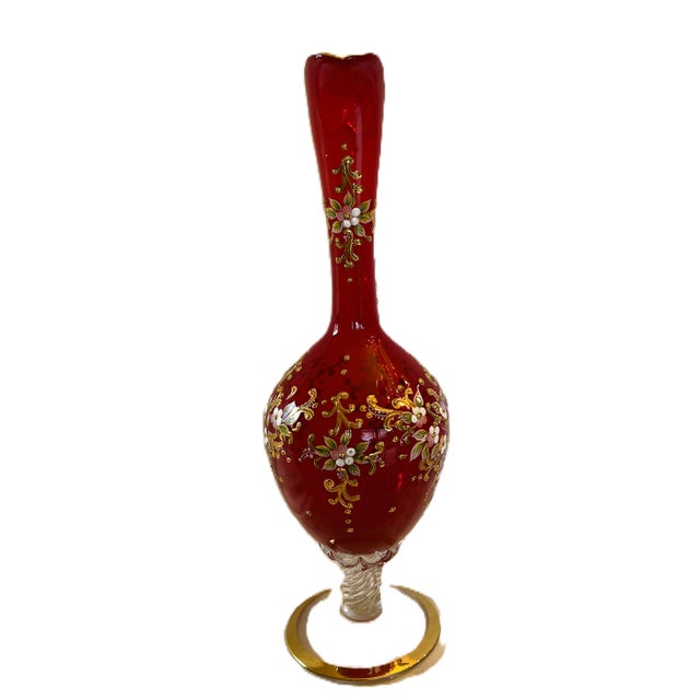 Metal Murano Tre Fuochi Enameled Red & Gold-Hand-Blown Glass Carafe, Decanter For Sale - Image 7 of 17