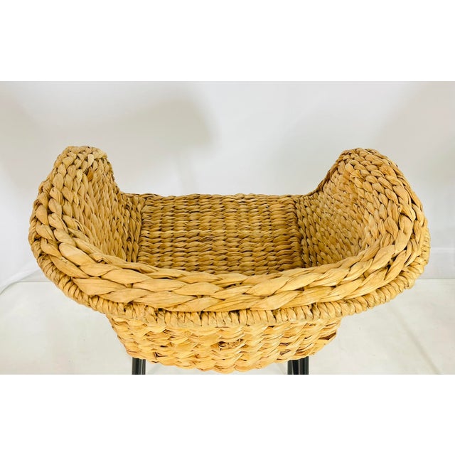 Set of Three Woven Water Hyacinth and Black Metal Frame Barstools For Sale - Image 10 of 12