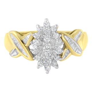 10K Two-Toned Gold Round Baguette Diamond Cluster Ring (1/2 Cttw, I-J Color, I2-I3 Clarity) - Size 6-1/2 For Sale