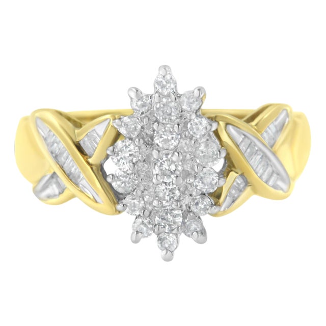 10K Two-Toned Gold Round Baguette Diamond Cluster Ring (1/2 Cttw, I-J Color, I2-I3 Clarity) - Size 6-1/2 For Sale
