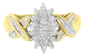 10K Two-Toned Gold Round Baguette Diamond Cluster Ring (1/2 Cttw, I-J Color, I2-I3 Clarity) - Size 6-1/2