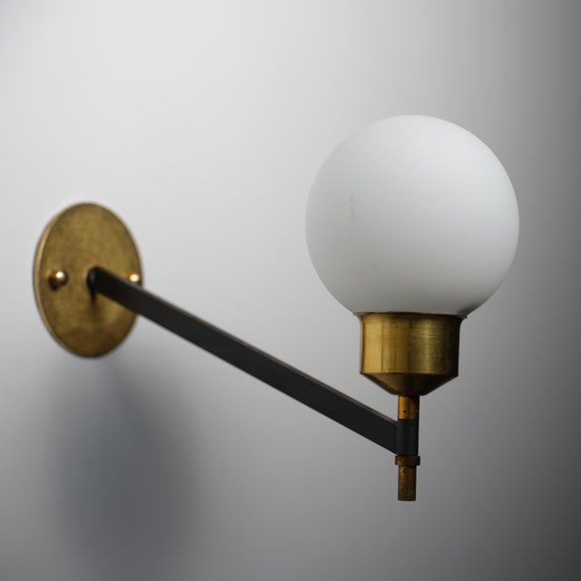 1950s Italian Wall Sconces in Brass, Black Steel and Opaline Glass, 1950s, Set of 2 For Sale - Image 5 of 10