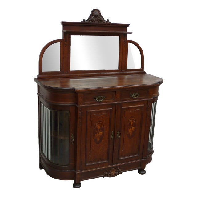 Sideboard Chiffonier with Mirror Top and Rounded Faceted Leaded Glass Doors, Germany, 1890s For Sale