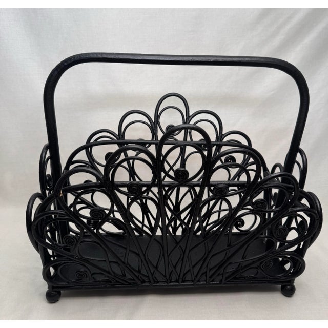 Shabby Chic Boho Chic Black Painted Rattan Magazine Rack For Sale - Image 3 of 12