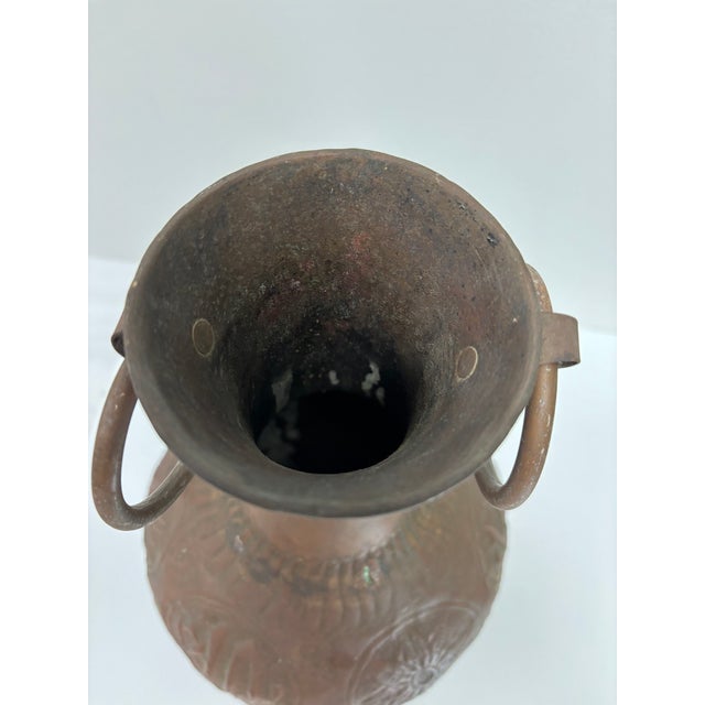 Copper Vintage Middle Eastern Large Copper Handmade Vessels With 2 Ring Handles - A Pair For Sale - Image 8 of 16