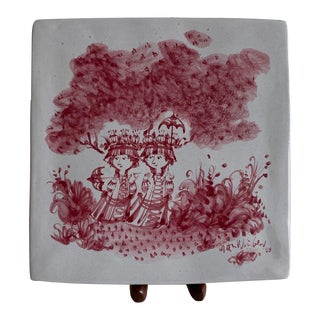 1964, Bjorn Wiinblad Signed Studio Piece, Ceramic Container With Lid, Two Women Nature Scene, Pink/ Red Off White/ Gray Ceramic Box For Sale