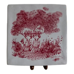 1964, Bjorn Wiinblad Signed Studio Piece, Ceramic Container With Lid, Two Women Nature Scene, Pink/ Red Off White/ Gray Ceramic Box