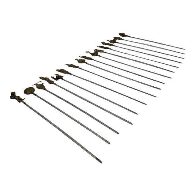 Mid 20th Century Turkish Brass & Stainless Steel Shish Kebab Skewers - Set of 16 For Sale