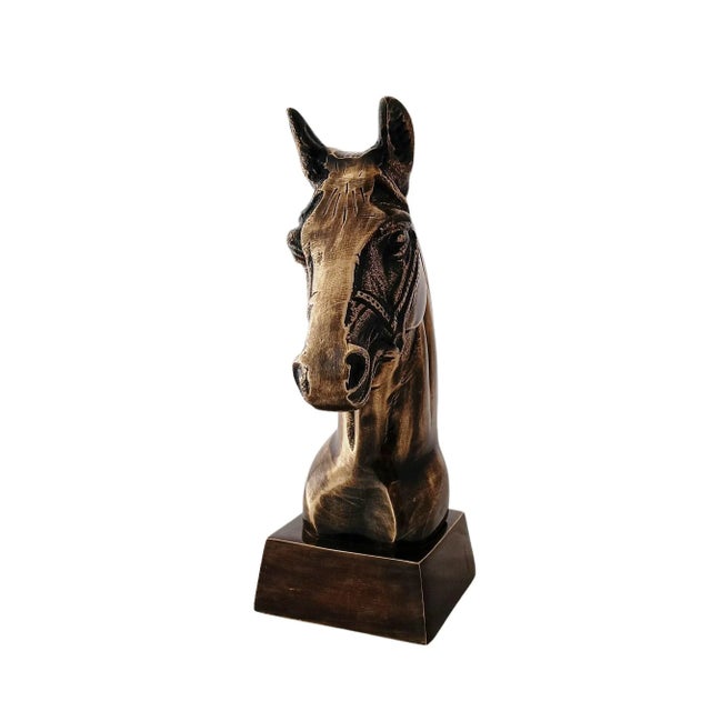 Antique Brass Finish Metal Horse Bust Sculpture For Sale - Image 9 of 9