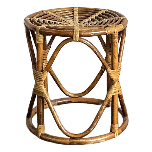 Vintage Boho Bent Rattan Low Stool For Sale