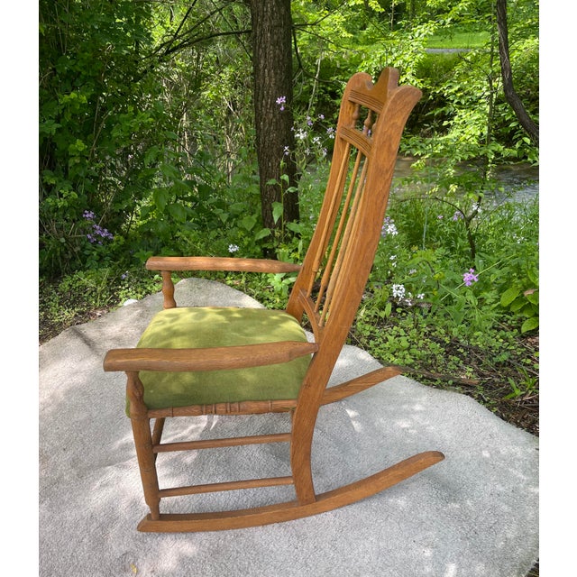 Wood Antique Victorian Early Mission Style Spindle Back Rocking Chair W Upholstered Seat For Sale - Image 7 of 12