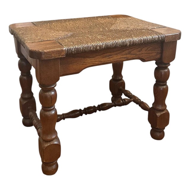 Vintage French Farmhouse Rush & Oak Stool / Footstool / Ottoman For Sale