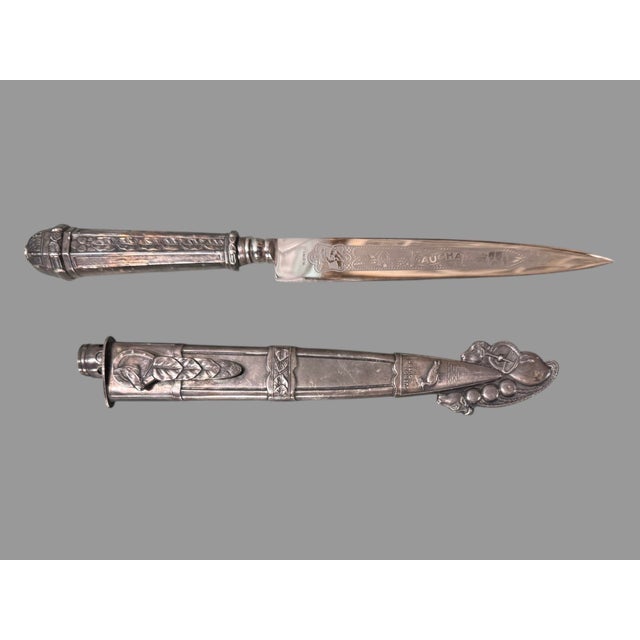 Ornate Antique Victorian Embossed Engraved Silverplate Gaucha Knife With Sheath For Sale - Image 11 of 12