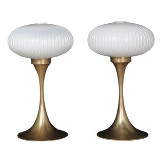 1980s Brass Tulip Base Table Lamps With Opalescent Ribbed Art Glass Shade - a Pair For Sale