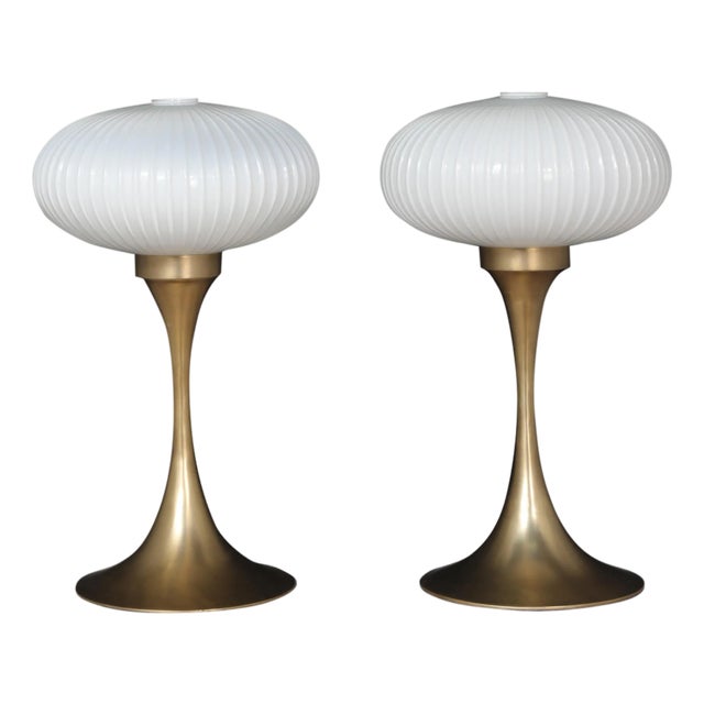 1980s Brass Tulip Base Table Lamps With Opalescent Ribbed Art Glass Shade - a Pair For Sale