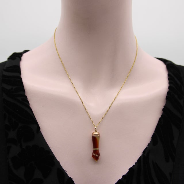 Brown 1920s Reddish Brown Celluloid Figa With 9k Gold Cap and 14k Gold Bail For Sale - Image 8 of 10