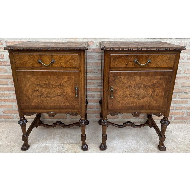 French Walnut and Burl Nightstands with Drawer, 1940, Set of 2 For Sale - Image 14 of 18