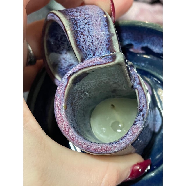 Signed Bay Pottery Sculptural Candlestick Holder With Purple & Blue Reactive Glaze For Sale - Image 4 of 9