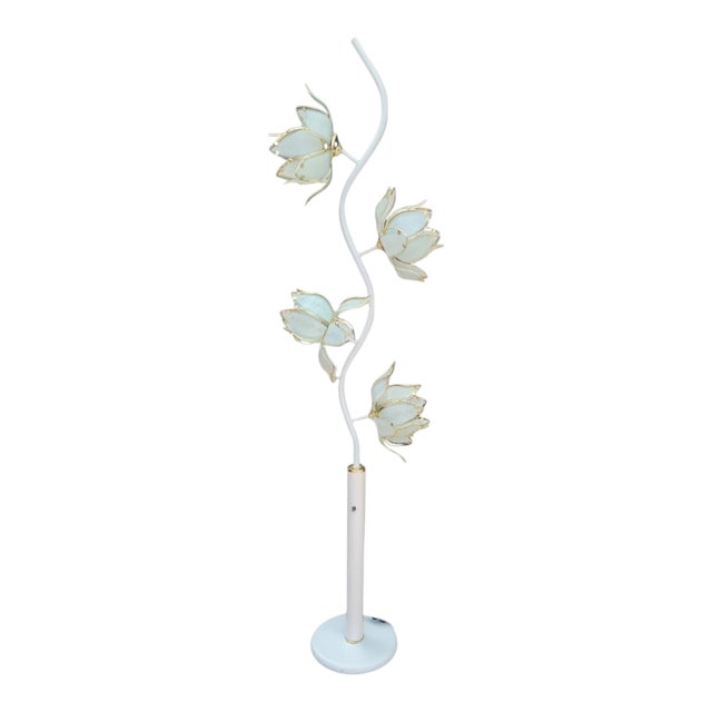 Vintage Extra Tall Glass White Lotus Flower 4 Light Hollywood Regency Floor Lamp For Sale