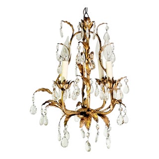 Petite Italian Gilt Tole Chandelier With Crystal Drops, 1950s For Sale