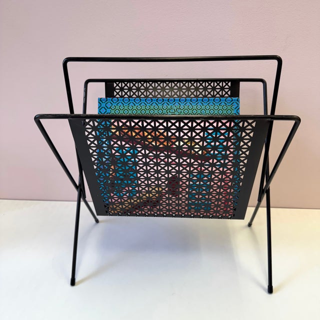 Metal Vintage Mid Century Black Perforated Metal Magazine Rack For Sale - Image 7 of 8