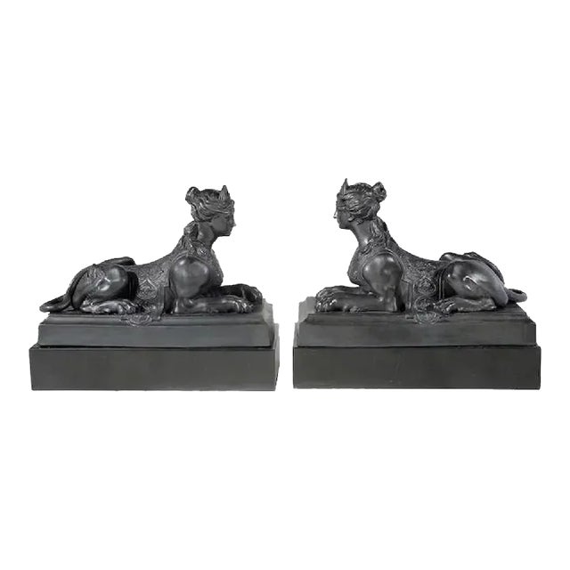 1800s English George III Wedgwood Black Basalt Grecian Sphinxes - A Pair For Sale