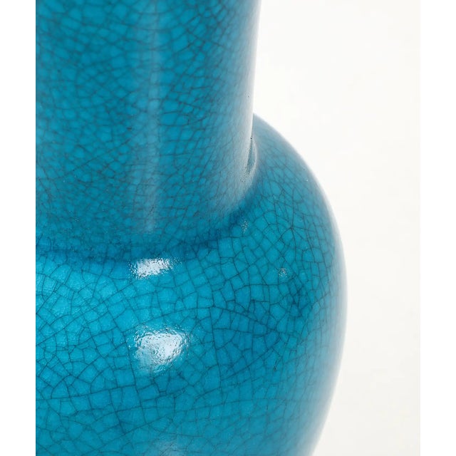 Metal Pair of Cerulean Blue Crackle Glaze Lamps For Sale - Image 7 of 11