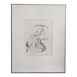 Original Framed Art “Queen & Her Parrot” Signed Joan Carl Ink Drawing, 1986 Art Deco Revival Figurative Illustration For Sale