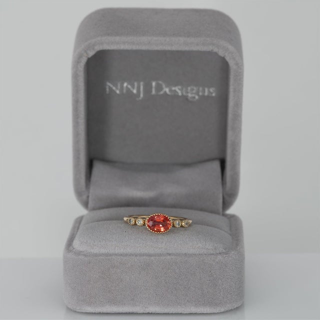 Modern Padparadscha Sapphire Ring With Natural Diamond Accents: Solid 14k Gold, Size 6.75 For Sale - Image 3 of 10
