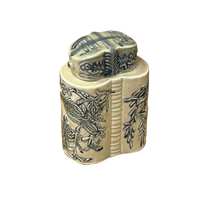 1990s Cream Celadon Porcelain Blue Flower Graphic Cylindrical Container For Sale - Image 5 of 12