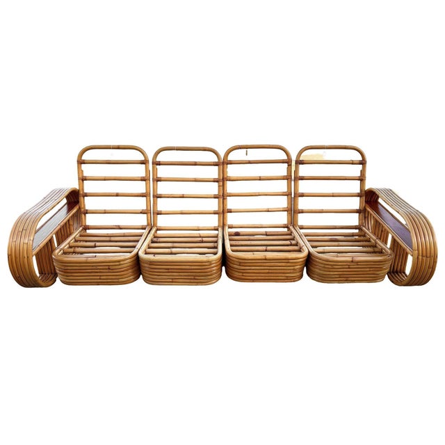 Mid-Century Modern 1940s Restored Rattan Six-Strand Shelf Arms Sofa and Chair Set For Sale - Image 3 of 11