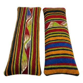 Striped Kilim Lumbar Pillow Cover 8'' X 20'' & 16'' X 17'' - Set of Two For Sale