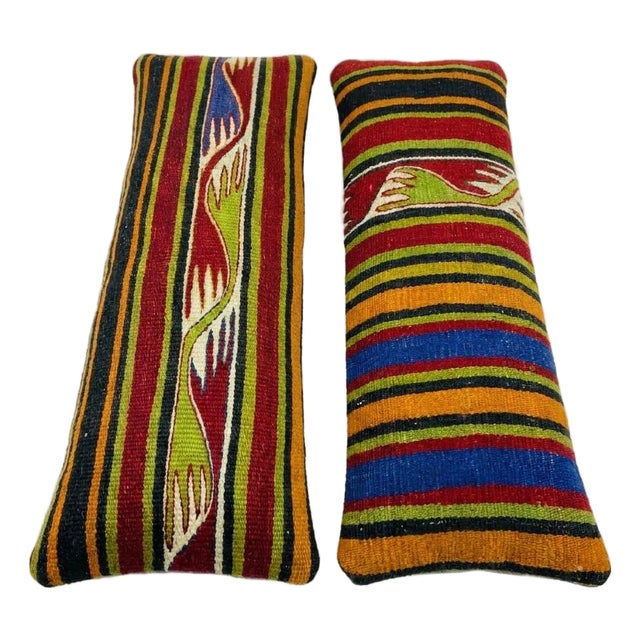 Striped Kilim Lumbar Pillow Cover 8'' X 20'' & 16'' X 17'' - Set of Two For Sale